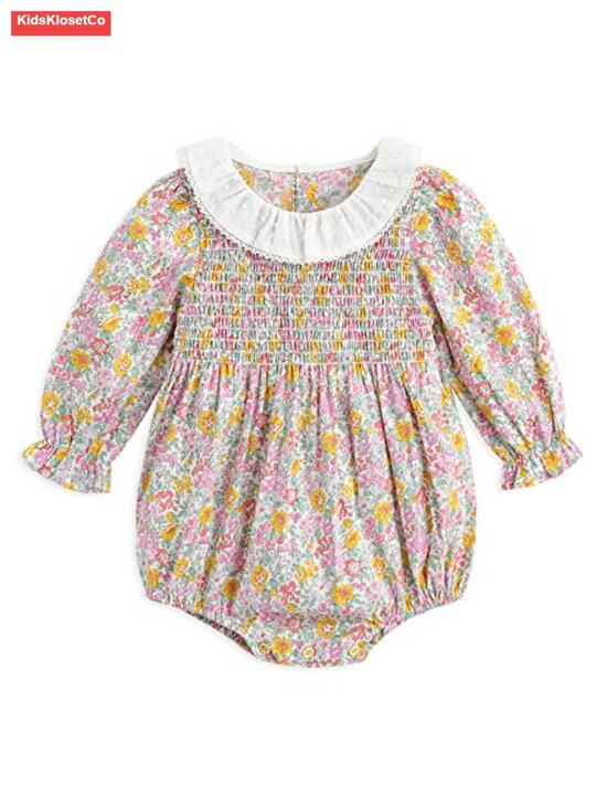 Other - Baby Girl Floral Romper Long Sleeve Cotton Smocked Crotch Button